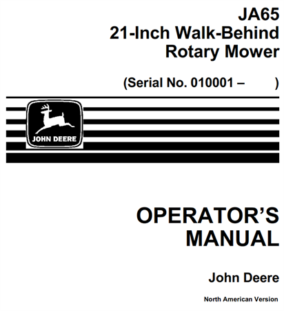 John Deere JA65 21-Inch Walk-Behind Rotary Mower Operator's Manual